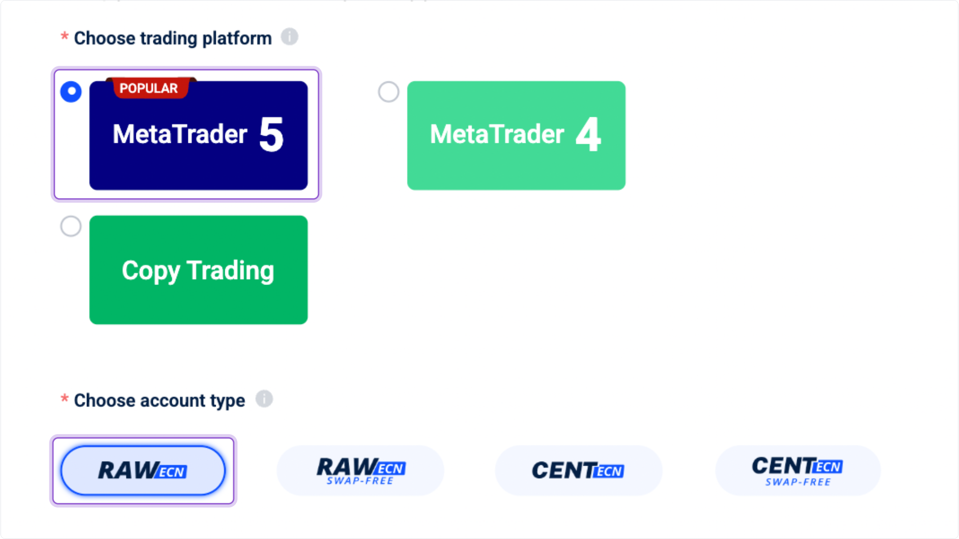 VT Markets account configuration: pick MetaTrader 5 and RAW ECN